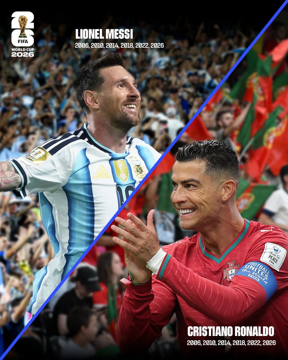 FIFAcom's tweet photo. History makers ⭐️

Lionel Messi and Cristiano Ronaldo are the only players in history to have played at six @FIFAWorldCup tournaments 🙌 https://t.co/umtkqqks3x