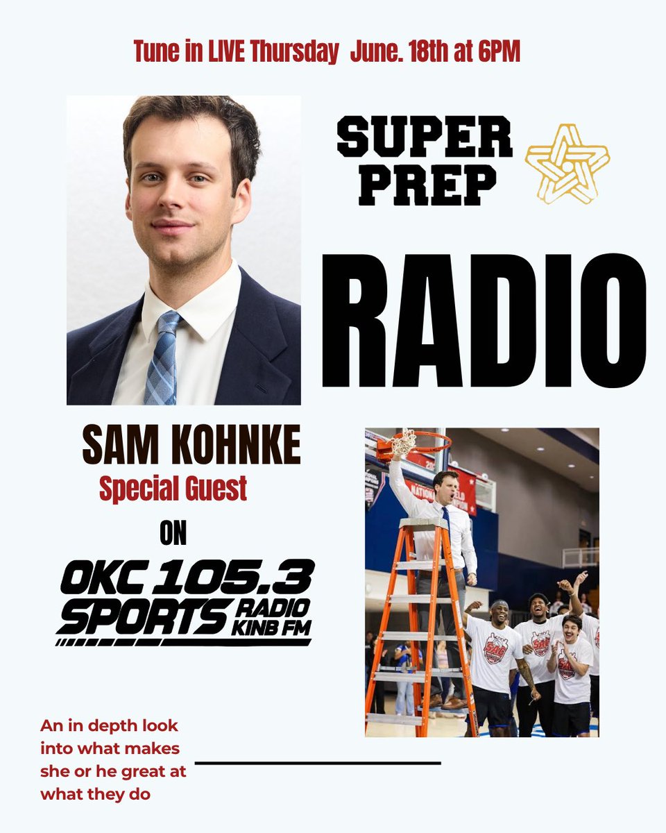 prep_super's tweet photo. Tune in live on Thursday, June. 18th at 6PM to hear live Super Prep Radio with Langston University Head Men's Basketball Coach Sam Kohnke on OKC’S Sports Radio 105.3 FM.

📱 https://t.co/1EKXXhcr4p 

📻 OKC Sports Radio 105.3 FM https://t.co/Tus1HpmXae