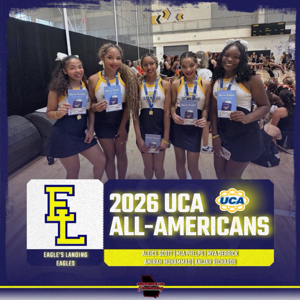 GeorgiaHSCheer's tweet photo. Congratulations to the 2026 UCA All-Americans from Eagle's Landing High School! 💙🤍💛🦅📣
#GeorgiaHSCheer2026 🖤❤️📣 #GHSACheer2026 https://t.co/zTWeQGknkB