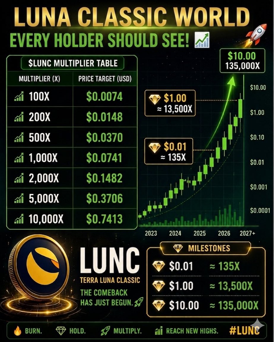 LunaClassWorld's tweet photo. 💥 The $LUNC Multiplier Table Every Holder Should See 📈🔥👀 

99% BURN 🔥🔥🔥🔥🔥🔥🔥🔥🔥🔥

🔹100X → $0.0074
🔹200X → $0.0148
🔹500X → $0.0370
🔹1,000X → $0.0741
🔹2,000X → $0.1482
🔹5,000X → $0.3706
🔹10,000X → $0.7413

#LUNCcommunity
#LUNC #USTC #LCW #BURN https://t.co/PoXvI4zDla