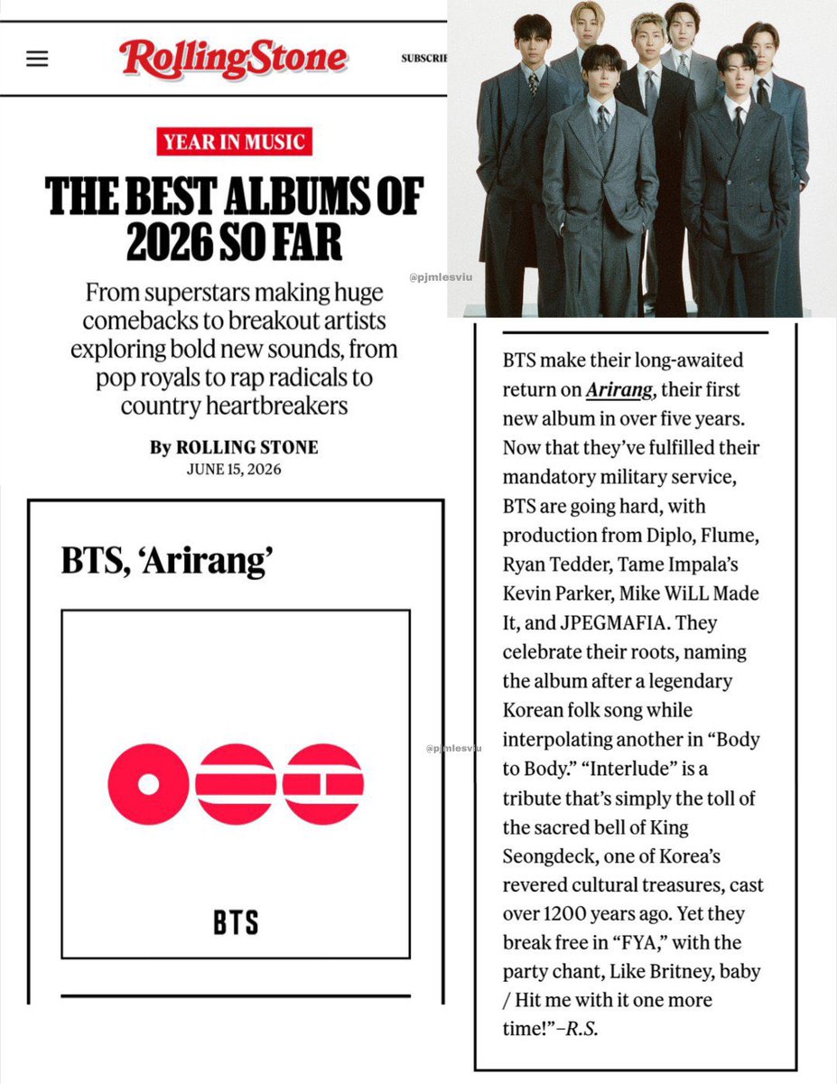 btsarmycol_'s tweet photo. 🏆 BTS continúa consolidando uno de los regresos más importantes de la música en 2026.

Rolling Stone incluyó ARIRANG en su lista de The Best Albums of 2026 So Far, destacándolo entre los mejores lanzamientos del año y reconociendo el esperado regreso del grupo tras completar su servicio militar.

En la introducción del artículo, la revista afirma que una de las noticias más importantes de 2026 ha sido el regreso de BTS, resaltando cómo el grupo mostró sus raíces coreanas a través de ARIRANG. Además, destaca el álbum por su propuesta artística, sus colaboraciones con reconocidos productores internacionales y la forma en que honra elementos fundamentales de la cultura coreana.

La publicación señala que ARIRANG representa el primer álbum de material inédito de BTS en más de cinco años y resalta referencias culturales como la legendaria canción folclórica coreana que da nombre al proyecto y otros elementos que conectan la música del grupo con su identidad y patrimonio cultural.

Este reconocimiento se suma a la gran recepción que ha tenido el álbum desde su lanzamiento y reafirma el impacto de BTS como una de las fuerzas creativas más influyentes de la industria musical global.

#BTS #방탄소년단 #ARIRANG