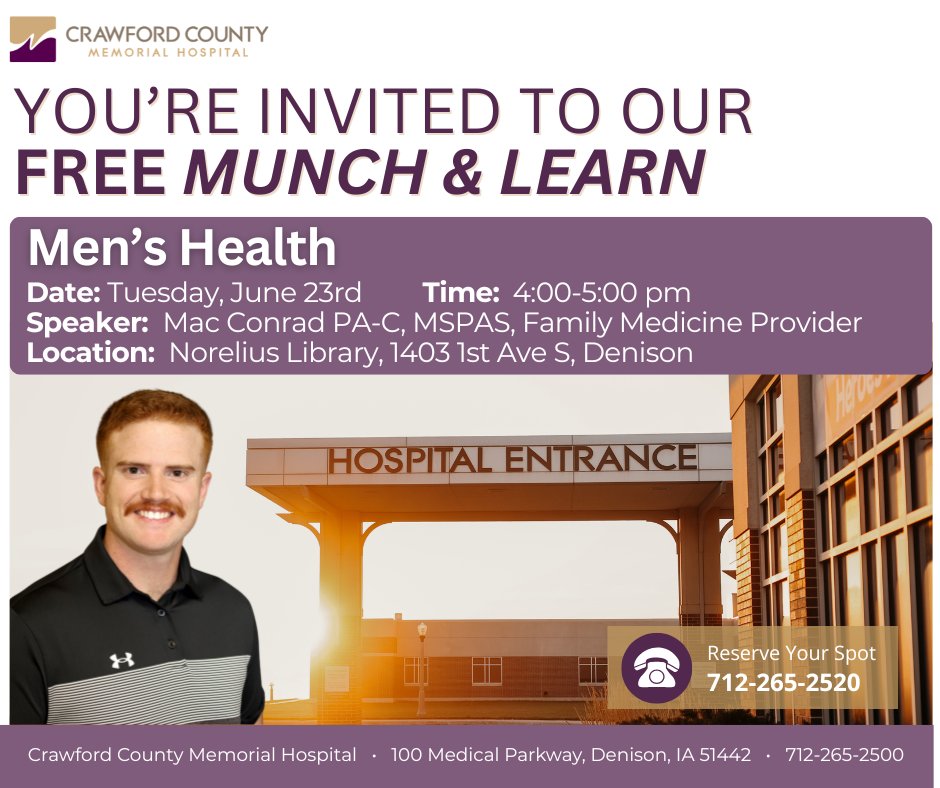 CCMHDenison's tweet photo. Join us for an upcoming Munch &amp; Learn focused on men’s health with Mac Conrad, PA-C, MSPAS, Family Medicine Provider at Crawford County Memorial Hospital.

RSVP here: https://t.co/b1nbNNTUpy https://t.co/s79jAUAnig
