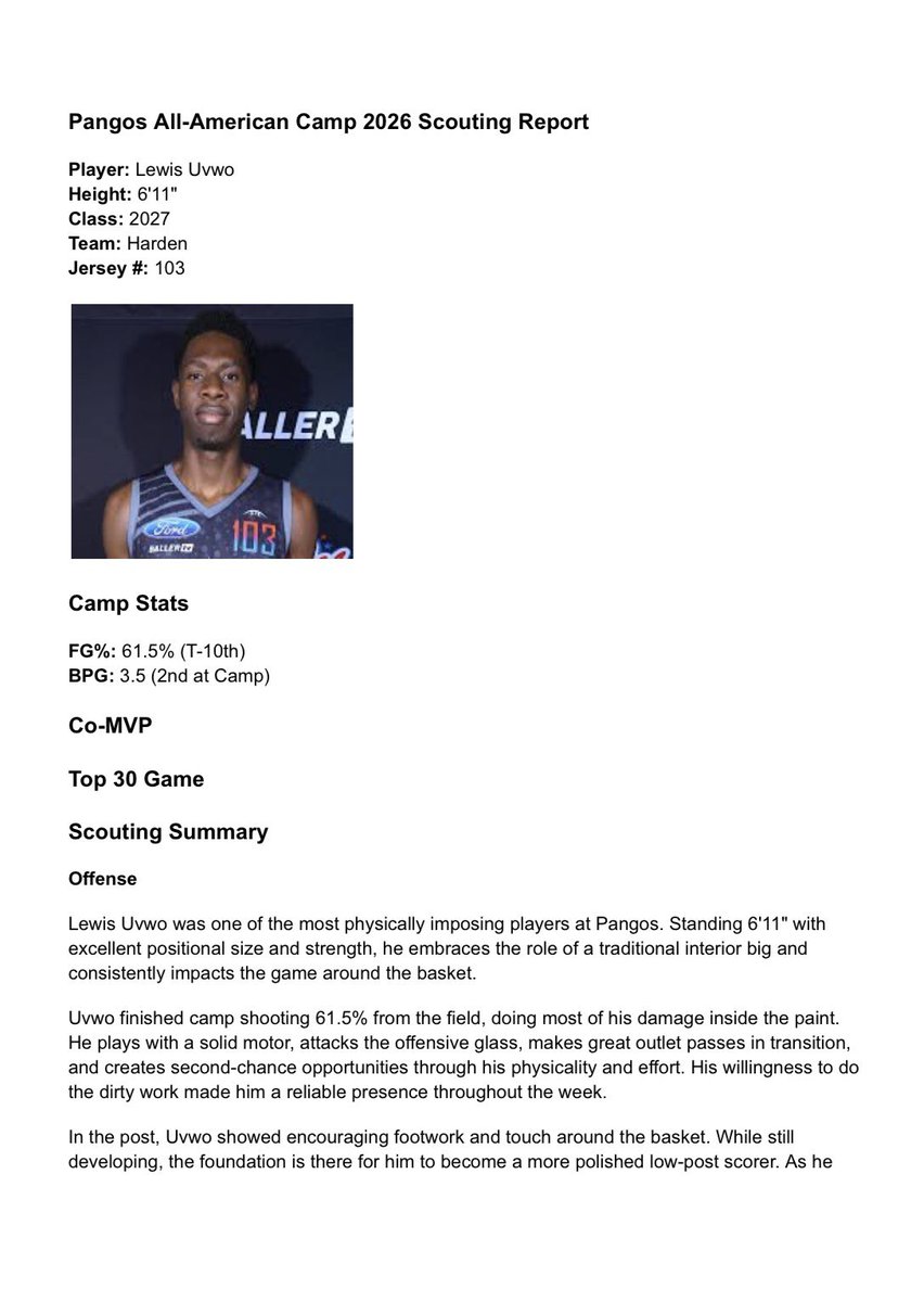 SwishStrategies's tweet photo. 2026 Pangos Prospects - Scouting Report: Lewis Uvwo

Lewis Uvwo was one of the biggest risers at Pangos, earning Camp Co-MVP honors. Uvwo finishing tied for Top 10 in FG% and second in blocks. Full breakdown below. 

Scout: Michael Hayon (@michaelhayon) 

#PangosAllAmerican https://t.co/4BdFBRjMrF