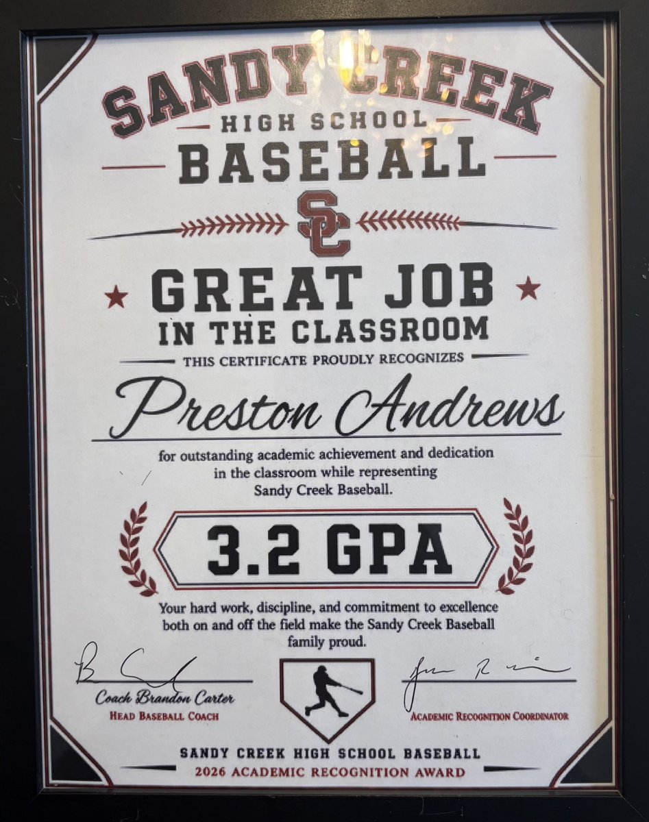 1PrestonAndrews's tweet photo. The work doesn't stop when practice ends.

Proud to earn Academic Recognition while competing for Sandy Creek Baseball. Success in the classroom and on the field has always been the goal.

3.2 GPA | Class of 2028

#StudentAthlete#ClassOf2028#BaseballRecruiting#SandyCreekBaseball https://t.co/l5Gm9ZrHPZ
