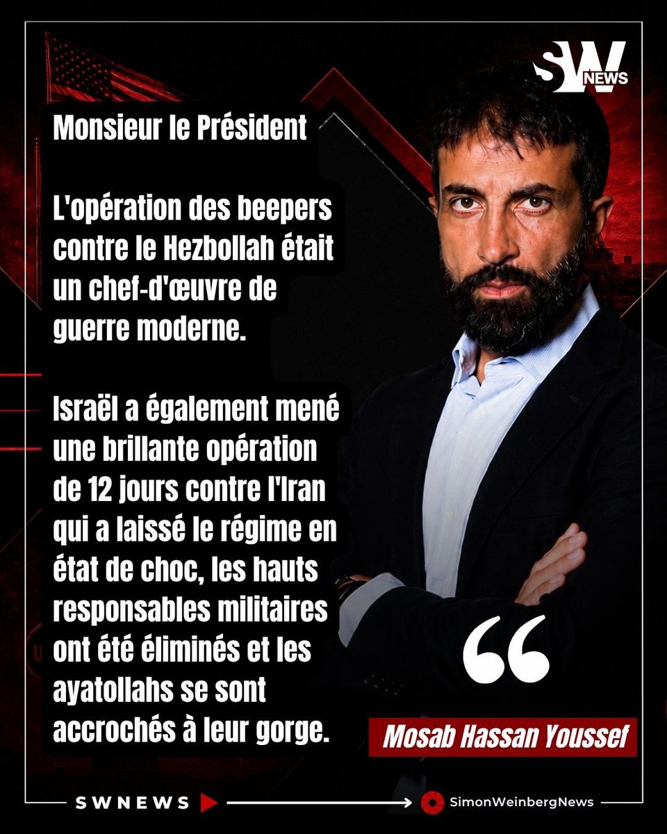 SlMONWEINBERG's tweet photo. 🔴🇺🇸🇮🇱 | USA - ISRAEL> Le « Prince Vert » Mosab Hassan Youssef, fils du fondateur du Hamas, dans un tweet  a Trump, accuse le Président d’avoir sabordé la victoire d’Israël. 

Mosab Hassan Youssef, ancien membre du Hamas devenu l’un des critiques les plus virulents du terrorisme islamiste, a adressé un message particulièrement sévère à Donald Trump.

Monsieur Le Président, « Chaque fois qu’Israël avait un élan, que ce soit à Gaza, au Liban ou contre l’Iran, vous êtes intervenu personnellement et vous les avez arrêtés au pire moment », écrit-il.

Selon lui, l’opération des beepers contre le Hezbollah constituait « un chef-d’œuvre de guerre moderne », tandis que la campagne israélienne de douze jours contre l’Iran avait plongé le régime dans le chaos, éliminé ses principaux chefs militaires et mis les ayatollahs au bord de l’effondrement.

Mosab Hassan Youssef affirme que le Mossad avait pourtant averti Donald Trump qu’une victoire stratégique contre l’Iran nécessiterait au moins une année de pression militaire, économique et politique continue.

« Vous avez voulu des résultats rapides, modifié le plan initial et transformé ce qui aurait pu être une victoire stratégique en défaite stratégique », accuse-t-il.

L’ancien « Prince Vert » critique également l’accord conclu avec Téhéran, qu’il qualifie d’« humiliant », estimant qu’il a enterré la menace nucléaire iranienne au lieu de l’éliminer définitivement.

Enfin, il rejette les critiques adressées à Israël sur les pertes civiles au Liban : « La question des victimes civiles doit être adressée au Hezbollah, pas à Israël. Le Hezbollah opère délibérément à partir de zones civiles peuplées, utilise les civils comme boucliers humains et met en danger son peuple.

📌 « Vous ne pouvez pas affaiblir une campagne militaire, puis reprocher à Israël les résultats », conclut Mosab Hassan Youssef dans ce qui apparaît comme l’une des critiques les plus directes adressées à Donald Trump depuis la signature du protocole d’accord avec l’Iran.

#Trump #Iran #Israel #Liban
#MosabHassanYoussef #SWNews