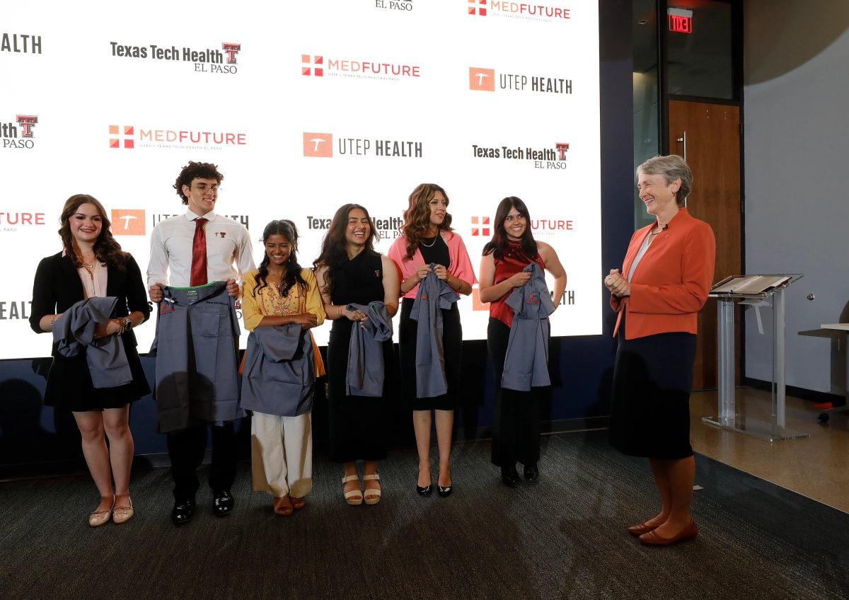 UTEP's tweet photo. Today, @TTHealthElPaso and UTEP recognized six accomplished high school seniors who have been selected for the fourth cohort of MedFuture. 🥼🩺

The innovative program serves as a path to medical school for talented students from West Texas. MedFuture provides the students admission to UTEP and, if they meet pre-med requirements at UTEP, they are guaranteed acceptance to Texas Tech Health El Paso’s Foster School of Medicine upon completion of their undergraduate degree. 

#PicksUp to these outstanding students!

Learn more: https://t.co/fG6NQJXT67