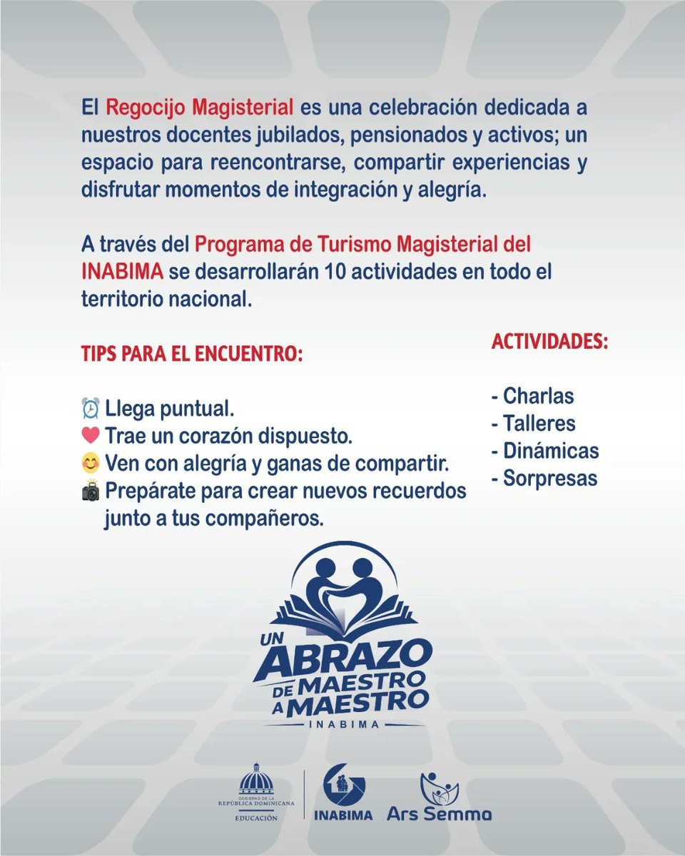 ARSSEMMARD's tweet photo. ¡Un Abrazo de Maestro a Maestro!

Cada encuentro ha sido preparado para brindar a la familia magisterial una experiencia enriquecedora y llena de gratos momentos.

👉 Desliza para conocer las orientaciones y recomendaciones generales para cada encuentro. https://t.co/wO8nwWg3oj