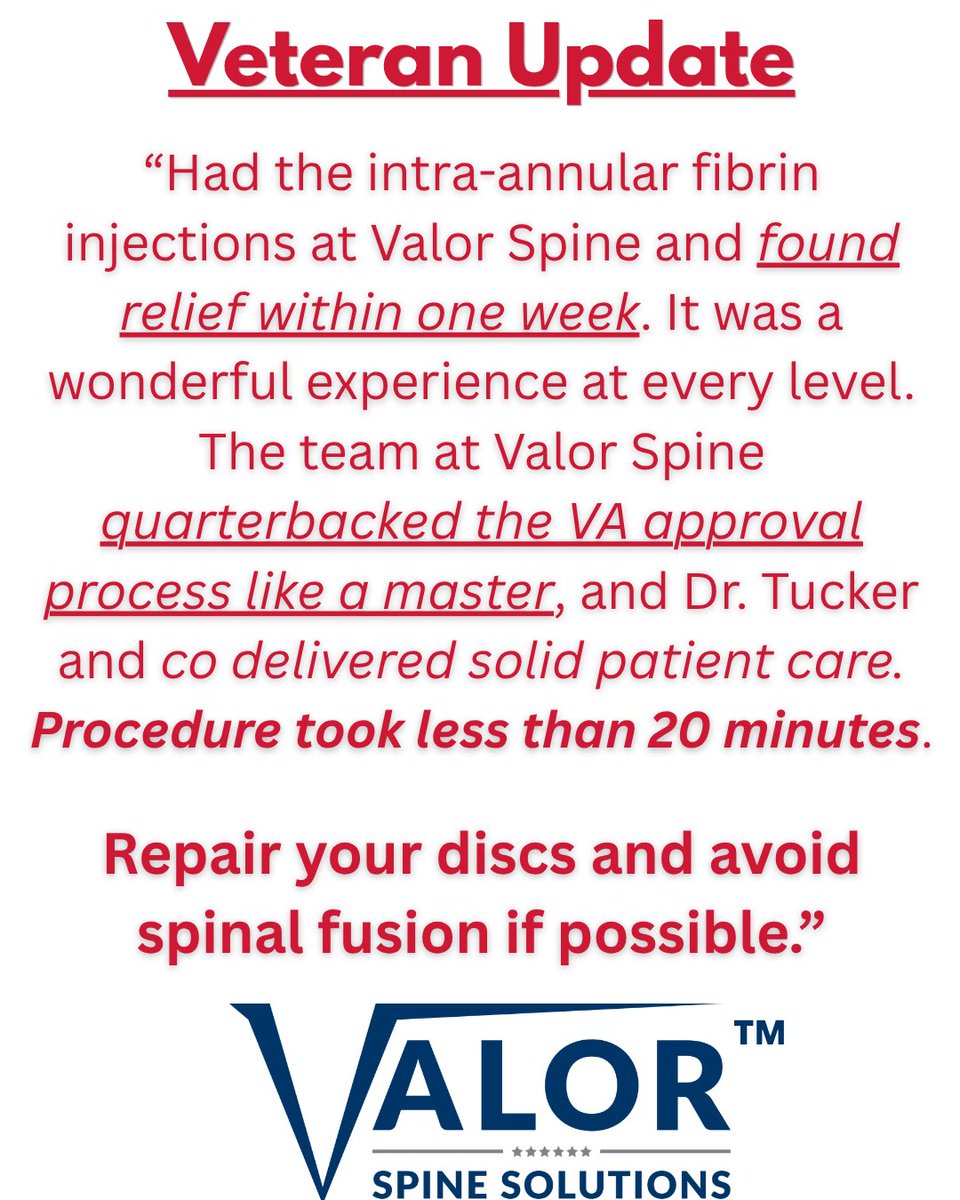 ValorSpine's tweet photo. New Veteran Update 🇺🇸

#veterans #veteran #veteranbackpain #chronicbackpain #chronicneckpain https://t.co/dBCdzMYKCH