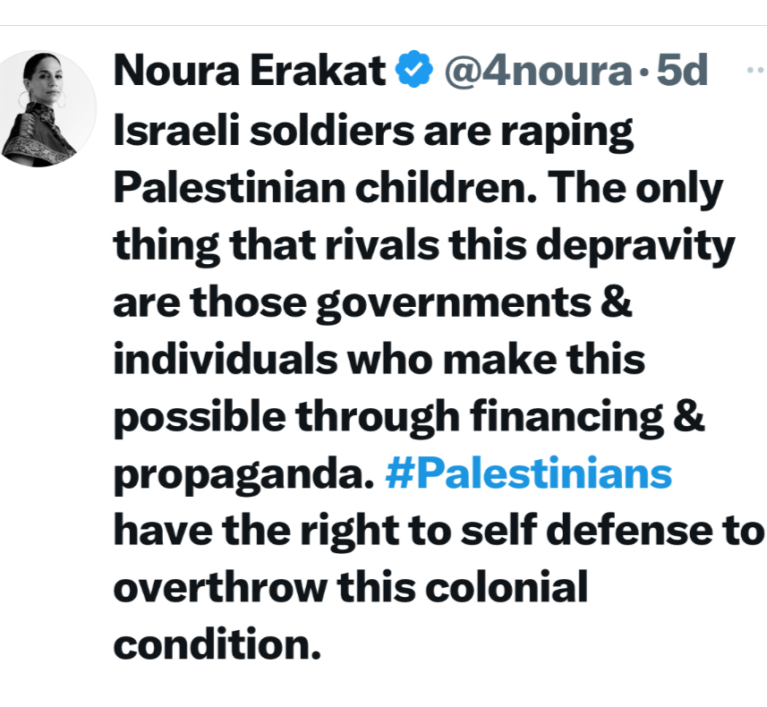 NizNellie3's tweet photo. 🚨 I won't sugarcoat it: Rutgers University is a terrorist launching pad that our Department of Education is funding to the tune of half a billion dollars every year.

Professor Noura Erekat teachers African Studies at Rutgers.

Her "activism" revolves around Palestinian "resistance" and the removal of Jews from Israel, which she claims is the "Right of Return."

In 2020, she hosted an online workshop with senior Hamas leader Ghazi Hamad, who declared, "Israel is an animal state that should be wiped off the earth."

After the October 7th massacres, Erekat tweeted the grotesque lie that Israeli soldiers were r*ping Palestinian children. 

That was her gut reaction to the atrocities of HAMAS.
 
Professor Erekat's father, Saeb Erekat, was the senior leader of the P.L.O. under Yasser Arafat. 

Saeb Erekat was a Palestinian terror supporter and corrupt government official that thwarted peace with Israel for nearly 30 years.

When will our Education Secretary address the national security threat posed by so-called "academics."

@EDSecMcMahon