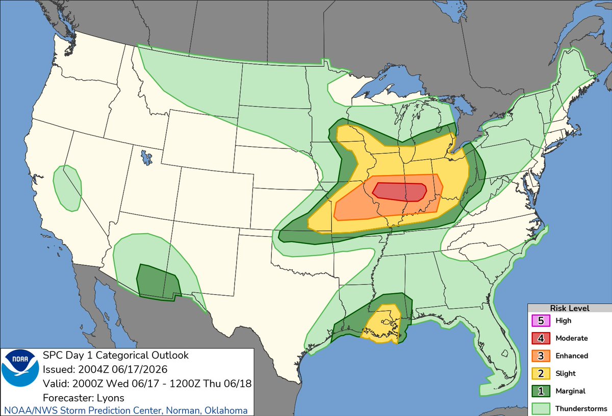 NWSSPC's tweet photo. 3:06pm CDT #SPC Day1 Outlook Moderate Risk: across parts of Illinois and Indiana https://t.co/TgJgC6cj9Y https://t.co/ZkrWQuOd12
