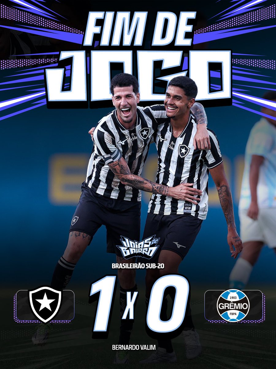 base_botafogo's tweet photo. VITÓRIA DO GLORIOSO! 🔥
As #JoiasDoBairro venceram o Grêmio por 1 a 0 pelo Campeonato Brasileiro Sub-20 e conquistou a sétima vitória em oitos jogos e chegou a terceira colocação no torneio. EXCELENTE RESULTADO, CRIAS! 🤩
⚽️ Bernardo Valim
📸 Vítor Silva / BFR https://t.co/rVMPqPBPdK