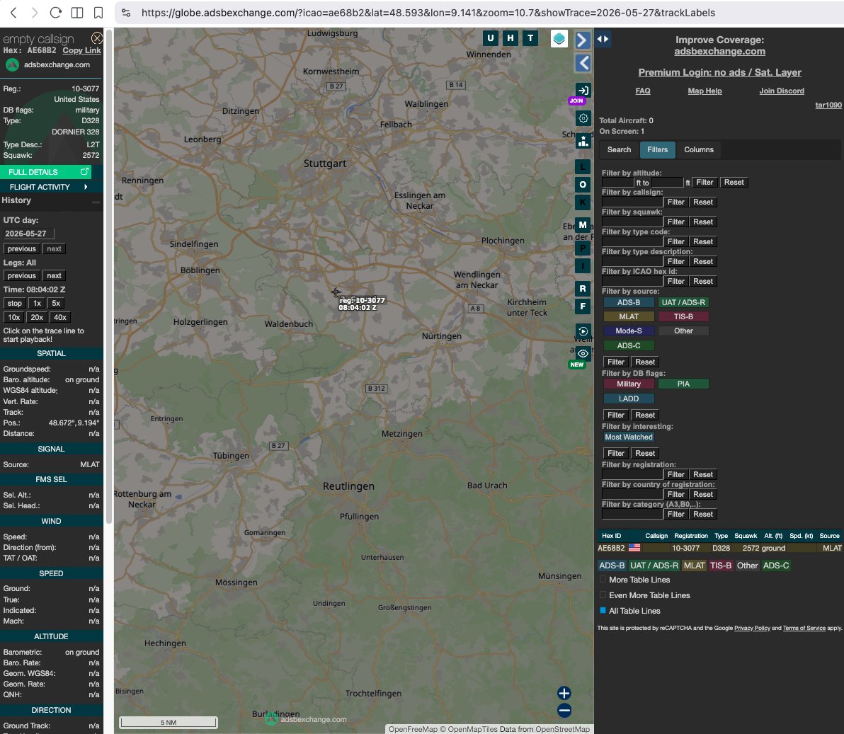 indy_slug's tweet photo. A US military D328 aircraft that tends to be favoured by Special Op's had a rare European ping, near Stuttgart on the 27th of May. https://t.co/R9ESFs9mr1