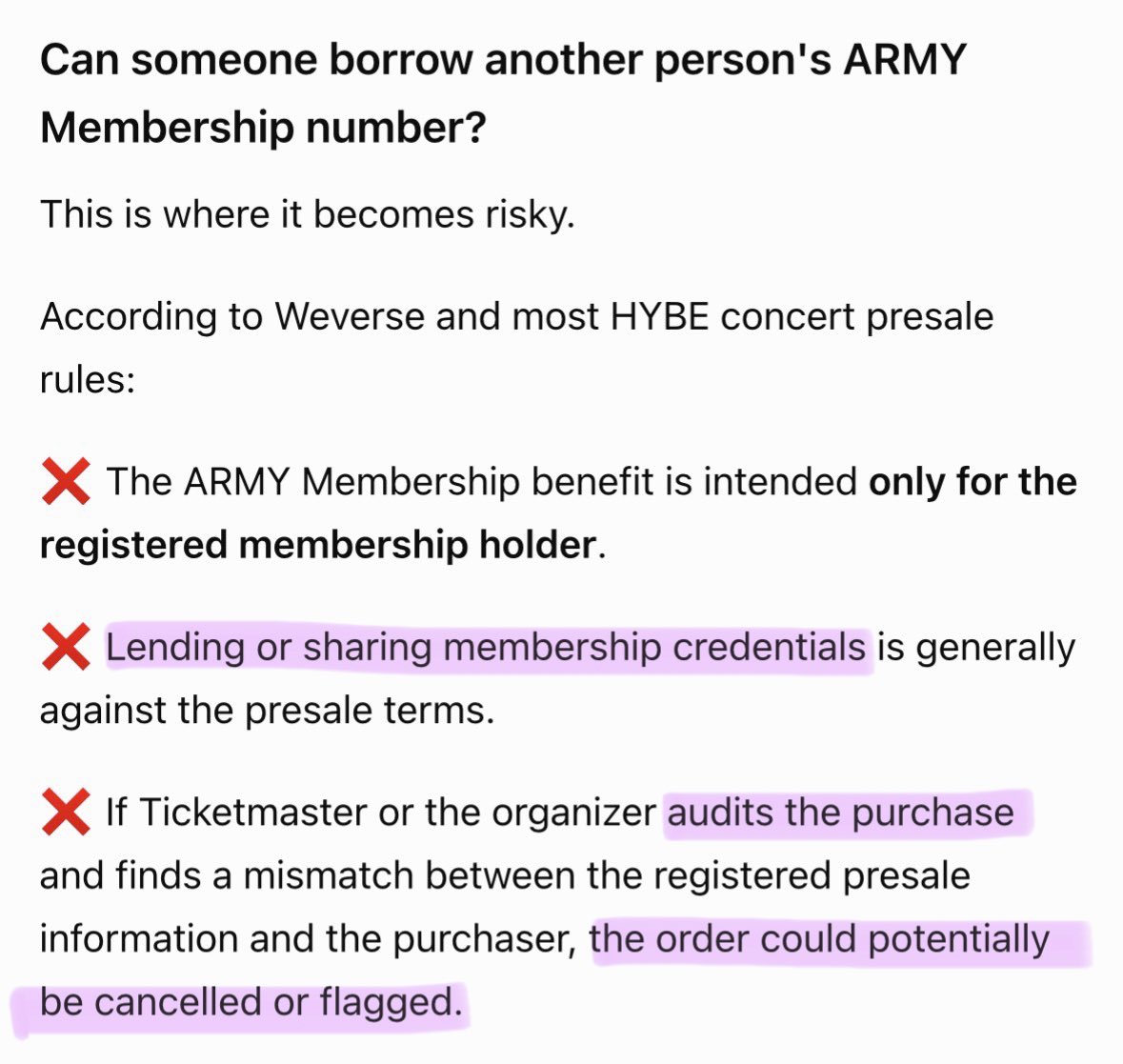 chochang_15's tweet photo. ARMYs, play it safe! 💜 borrowing someone else's ARMY Membership number for presale may work, but it comes with risks. It's always safest to use your own registered membership to avoid any issues with your ticket later on. https://t.co/srNRrBDEMH