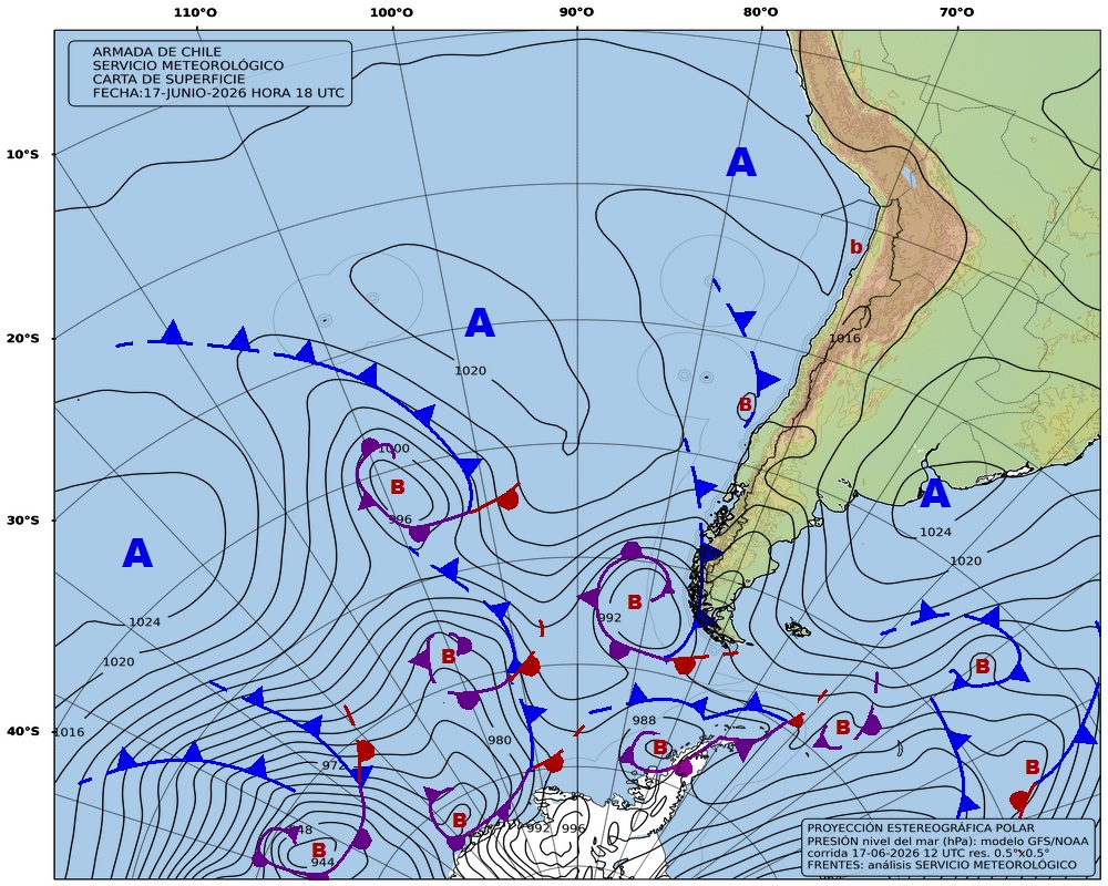 MetArmada_Valp's tweet photo. Carta de superficie a color correspondiente a las 18 UTC. 🌥️ Visita nuestra página web https://t.co/Qy9ejFWPpw 📷#Chile #PacíficoSur #WeatherAlerta https://t.co/KCrrHn1X6i