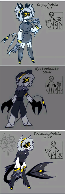 Livingplague47's tweet photo. yo ok i want a horror au where each of these guys represent a differnt fear, and there called HORROR drones and they feed off fear, cus come on....these desgins are sick.

also....side note can more peeps make art of these versions of n, v and j? cus id like that? https://t.co/FPI112mSCq