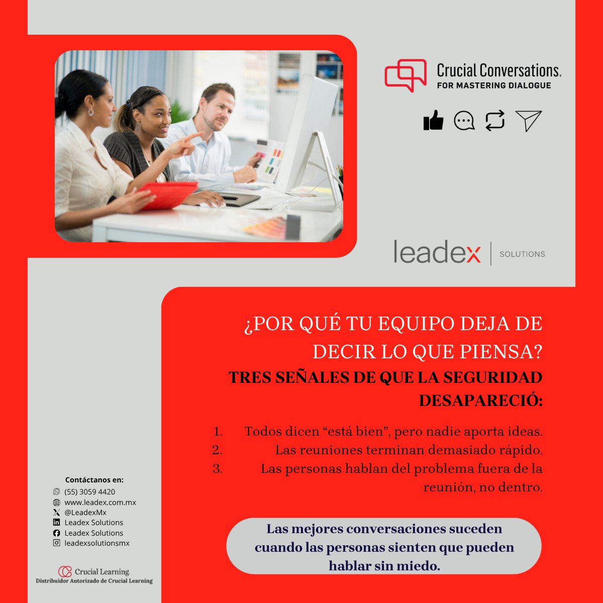 LeadexMx's tweet photo. 🧠💬 Cuando tu equipo deja de hablar, tu liderazgo necesita una pausa y una mirada más profunda. ✨ Recuperar la voz del equipo es posible.
#LiderazgoConsciente #EquiposFuertes #SeguridadPsicológica #ComunicaciónEfectiva #CulturaOrganizacional #Leadex https://t.co/U0eJWYfcRU