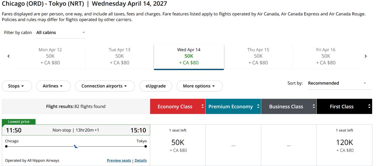 Chicago to Tokyo First Class for $80 CAD Book with 120,000 miles +