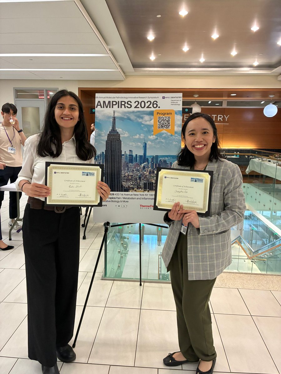 MargolisLabNYU's tweet photo. 🎉 Congratulations to Chalystha and Rahi from the Margolis Lab on their achievements at the 2026 Annual Molecular Pathobiology Innovative Research Symposium (AMPIRS)!
Chalystha won 3rd Place for her 3-minute flash talk
Rahi won 3rd Place for her poster presentation
@karagm2009 https://t.co/M5miYjqP4H