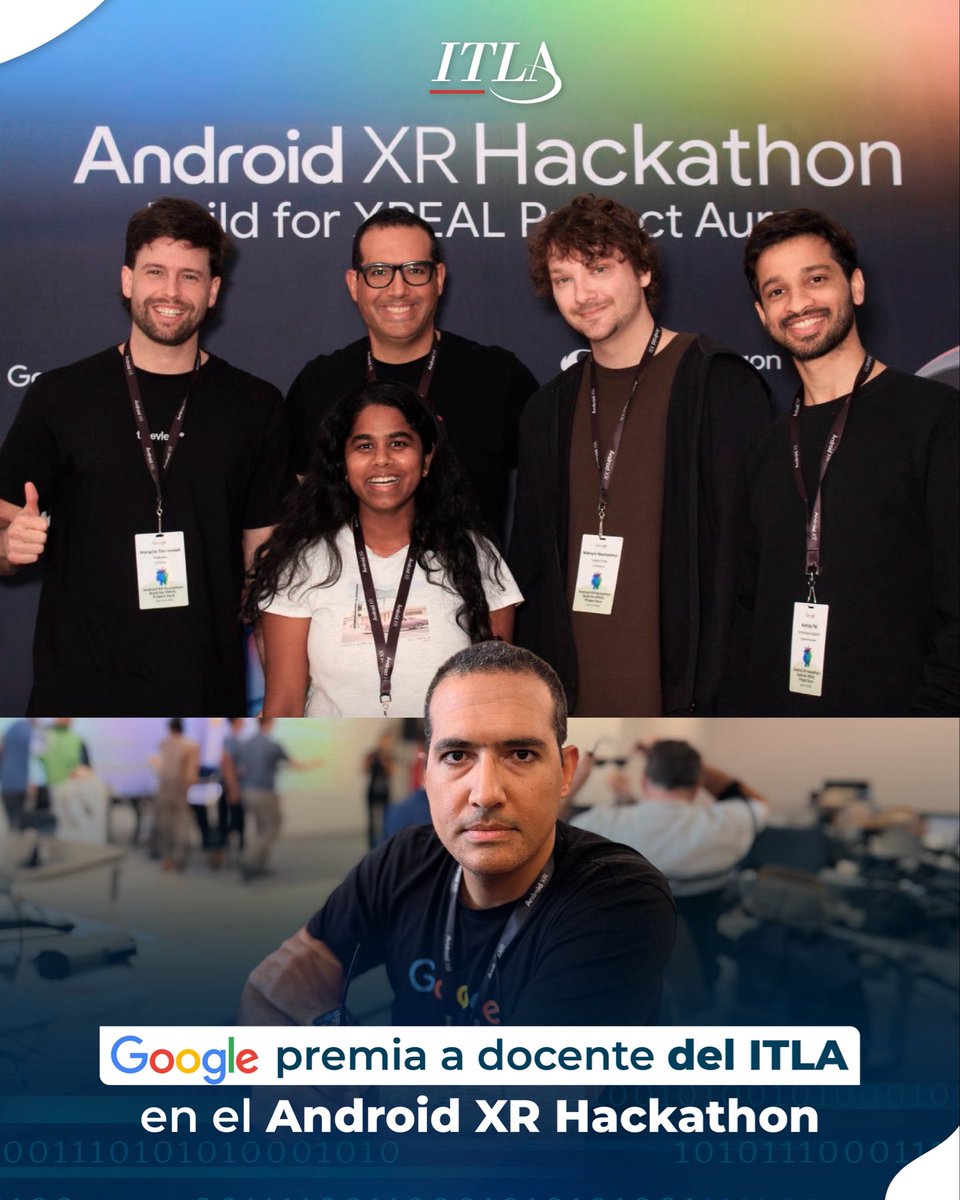 ITLARD's tweet photo. 👓 ¿Y si unos lentes pudieran transformar la forma en que conectamos en conferencias y eventos?
 
Nuestro docente, el Maestro Raydelto Hernández, obtuvo el primer lugar 🥇 junto a su equipo en el #AndroidXRHackathon, una competencia organizada por Google. https://t.co/3S88jwx70A