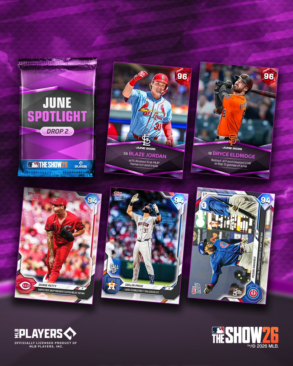 MLBTheShow's tweet photo. Tomorrow, play the June Spotlight Drop 2 Program to earn these 💎s:

💎 @Topps Now Cole Carrigg 
💎 @Topps Now Sebastián Rivero
🔦 Spotlight Series Braden Montgomery 💎
and a June Spotlight Pack 2 https://t.co/Rha3VgZiK2