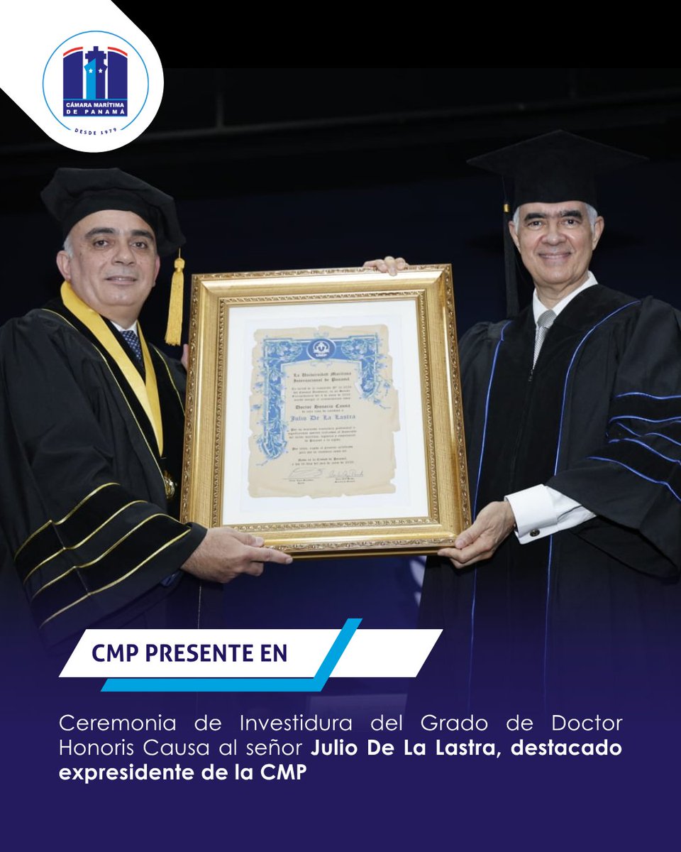 camaramaritima's tweet photo. Nos complace felicitar al señor Julio de La Lastra, expresidente de la Cámara Marítima de Panamá, por haber recibido el título honorífico de Doctor Honoris Causa. 

#CamaraMaritima #CMP #IndustriaMaritima https://t.co/6VRENYiogn