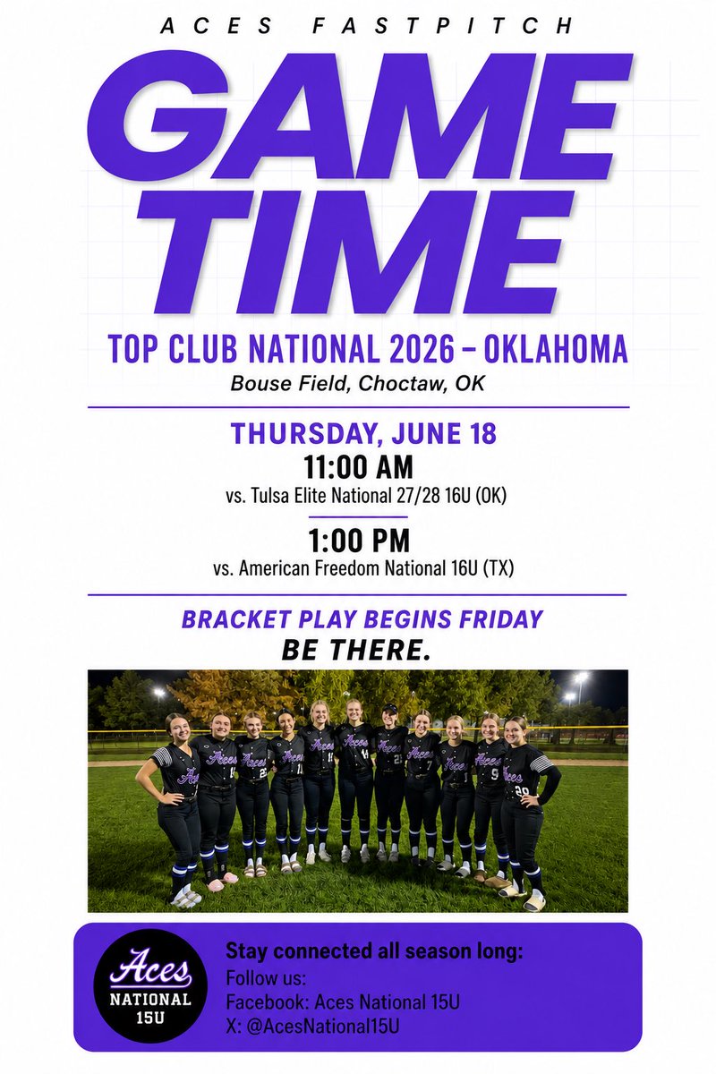 skyla_whitten's tweet photo. Game time is almost here! 🔥
📍 Choctaw, OK 🥎 Top Club National 2026 ⏰ Thursday Pool Play | Friday Bracket Play
Our Aces are ready to battle. Follow along and cheer us on! 💜 #AcesNational15U https://t.co/O8AddGAVbP