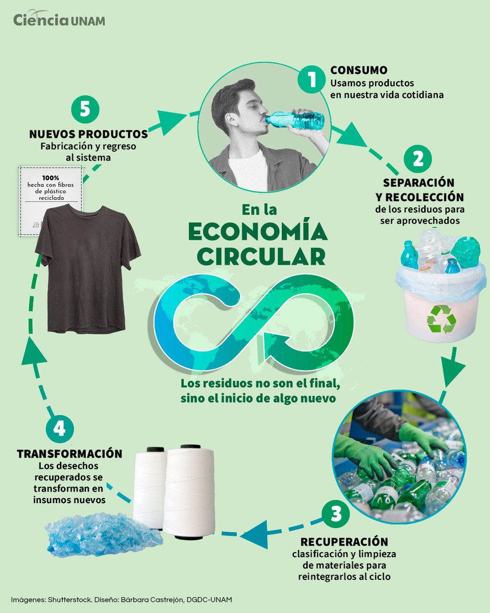 IIUNAM's tweet photo. ♻️ ¿Qué sucede con una botella de plástico, una llanta desgastada o un teléfono móvil cuando los desechamos?

La respuesta tradicional es: terminan en la basura.

Pero existe otra alternativa.

🧵👇

#EconomíaCircular https://t.co/SAvVsLLqnt