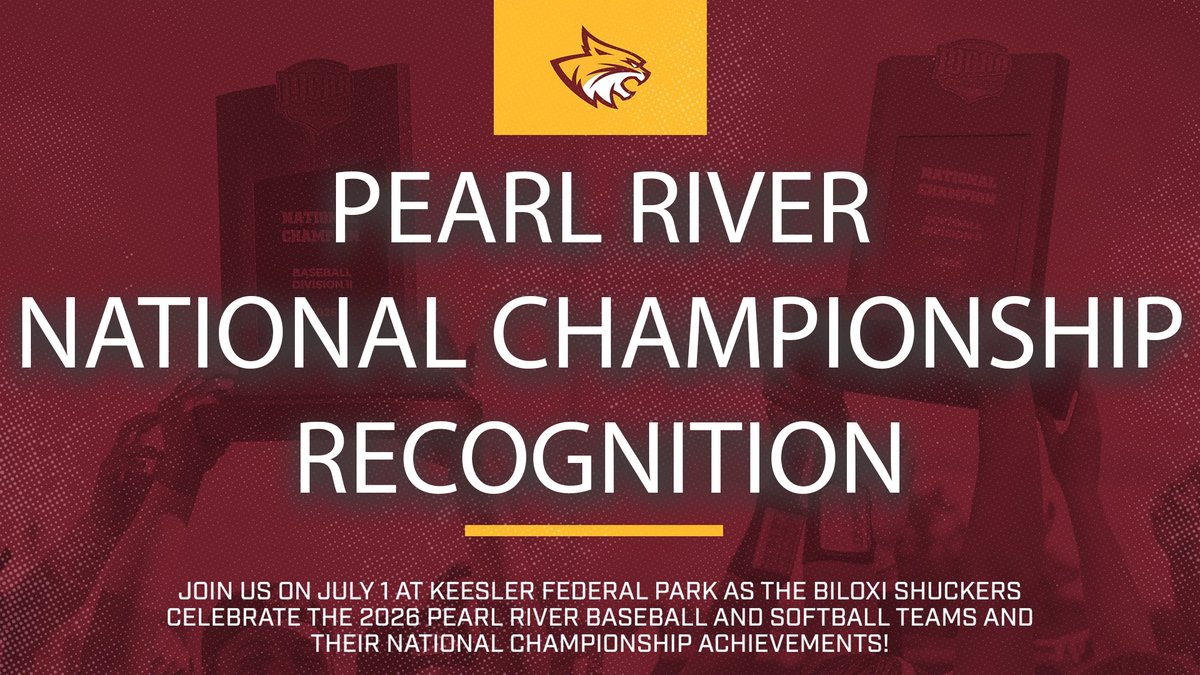 PRCCAthletics's tweet photo. Join us on July 1 at Keesler Federal Park as the Biloxi Shuckers honor the 2026 Pearl River Baseball and Softball teams and their National Championship achievements!

📍 Biloxi, Miss. 
🏟️ Keesler Federal Park
📅 July 1, 2026
🕖 6:35 p.m. 
🎟️ https://t.co/cIywVcW9b9
🐾 #RRR https://t.co/CtB0SGte98