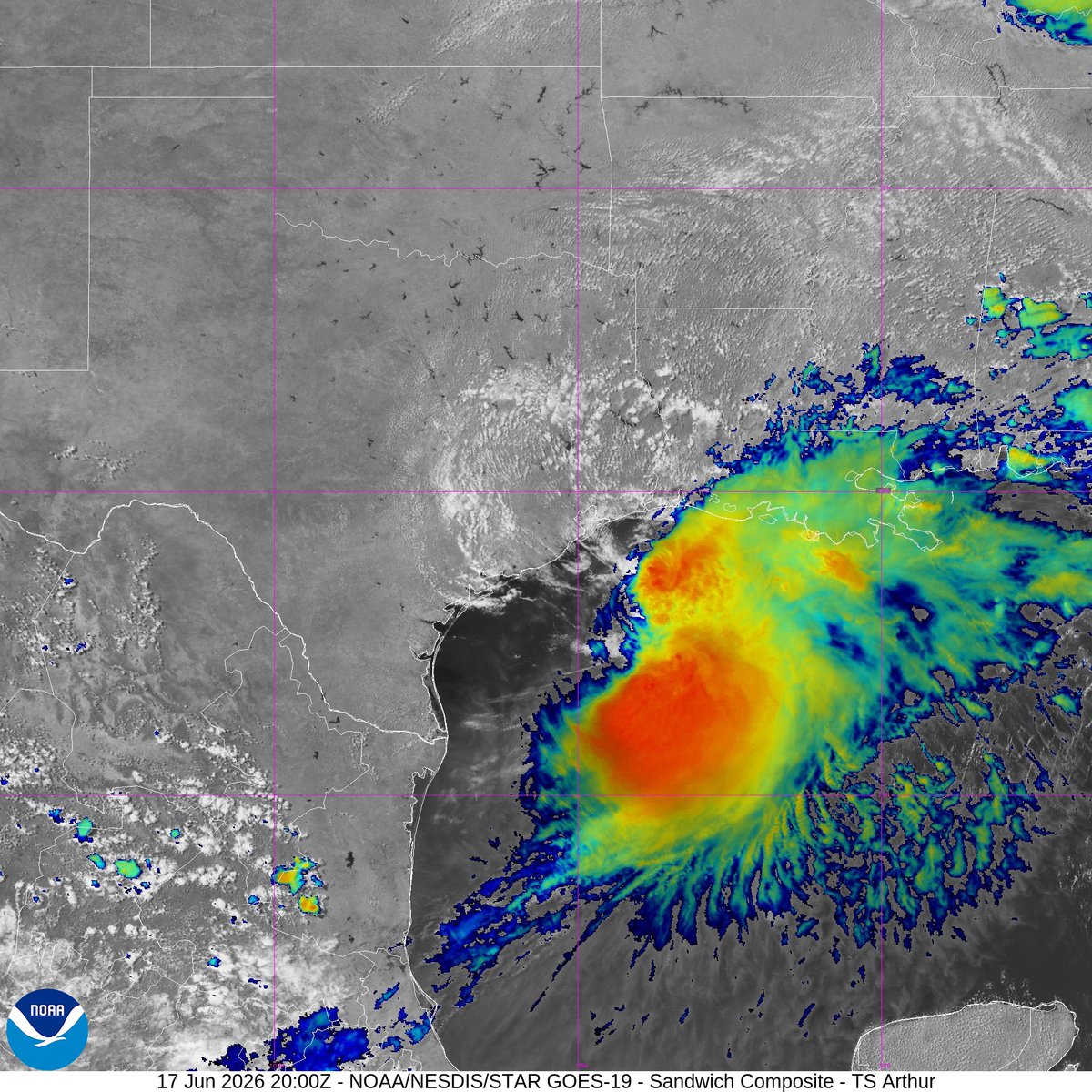 b1tmet's tweet photo. 🌀 Tormenta tropical #Arthur
Se formó frente a Texas como el primer ciclón del #Atlántico 2026.
Se desplaza hacia el NE y tocará tierra en #Luisiana esta noche. 
Posee vientos de 75 km/h y traerá lluvias extremas, inundaciones y marejadas ciclónicas en el sureste de EEUU https://t.co/6LOM5vfvfv