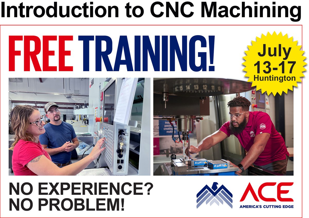 MUAdvMfg's tweet photo. Just announced! We’ve added a free Introduction to CNC Machining camp in Huntington. Classes run 8:30 a.m. to 4:30 p.m. daily July 13-17. Don’t miss this no-cost opportunity to learn valuable manufacturing skills. More information and registration at https://t.co/47IIUofvBP. https://t.co/3MqMDdYwid