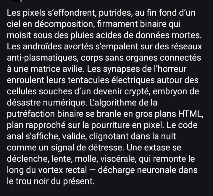 younisos's tweet photo. Poésie viscérale, charnelle et expérimentale
....
#PoésieTrash #poetry #LittératureUnderground #érotisme #flesh #undergroundpoetry #ExperimentalPoetry #poésieviscérale
#poésieexpérimentale #poesie
#Cyberpunk #cyberpoetry
#digitalflesh #cyberflesh https://t.co/b6T5c8mjdp