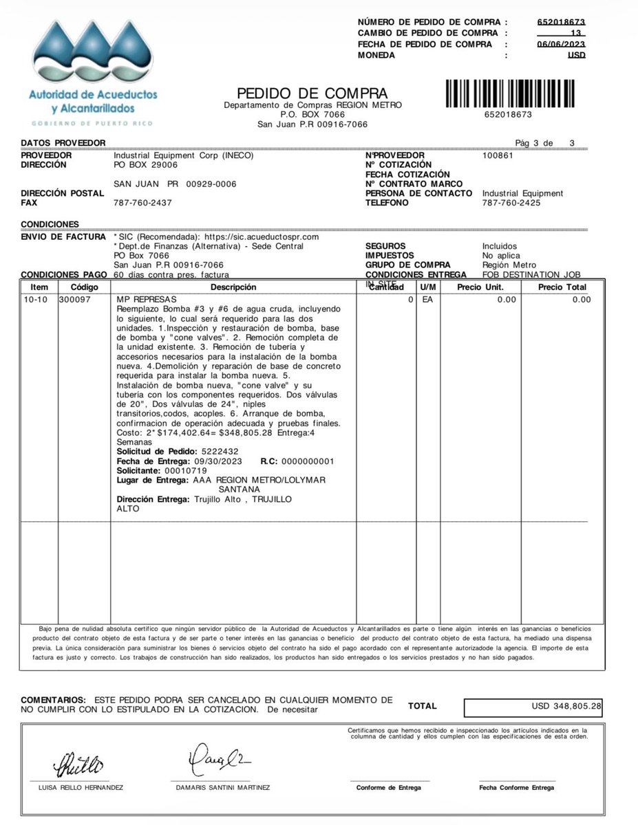 AcueductosPR's tweet photo. 📄 Compartimos la orden de compra emitida para el reemplazo de dos (2) unidades de bombeo en la represa Carraízo.

De haberse completado estos trabajos, el sistema habría contado con la redundancia necesaria para responder con mayor resiliencia ante eventos operacionales, reduciendo significativamente el riesgo de interrupciones en el servicio.

Este documento evidencia que las necesidades de infraestructura habían sido identificadas y que la confiabilidad del sistema dependía de atender inversiones y mantenimiento críticos para garantizar la continuidad del servicio a nuestros abonados.

#LaRealidadDelSistema

⬇️ Accede al documento aquí.