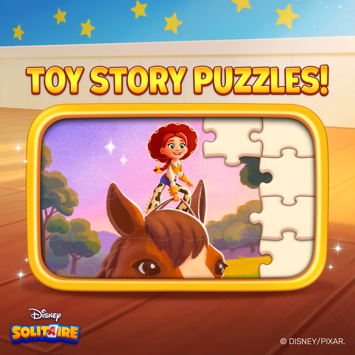 DisneyGames's tweet photo. Celebrate Disney & Pixar’s Toy Story 5 with new events in Disney Solitaire! Throughout the month of June, collect stickers inspired by beloved Toy Story memories, complete puzzles featuring moments from the new film, spin the wheel and advance ahead in the Lightyear Trail event, and unlock Buzz Lightyear as a Magical Friend to join you on your game board!
