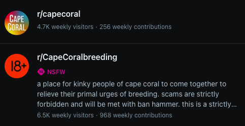 DabblingJohn's tweet photo. Folks on Reddit are getting banned for trolling a Cape Coral subreddit are going to the wrong one. Maybe try one where you know John is lurking and probably getting catfished daily. Just look for the creepiest comments with misspellings &amp; overly used ampersands. https://t.co/E3HSiePWrE