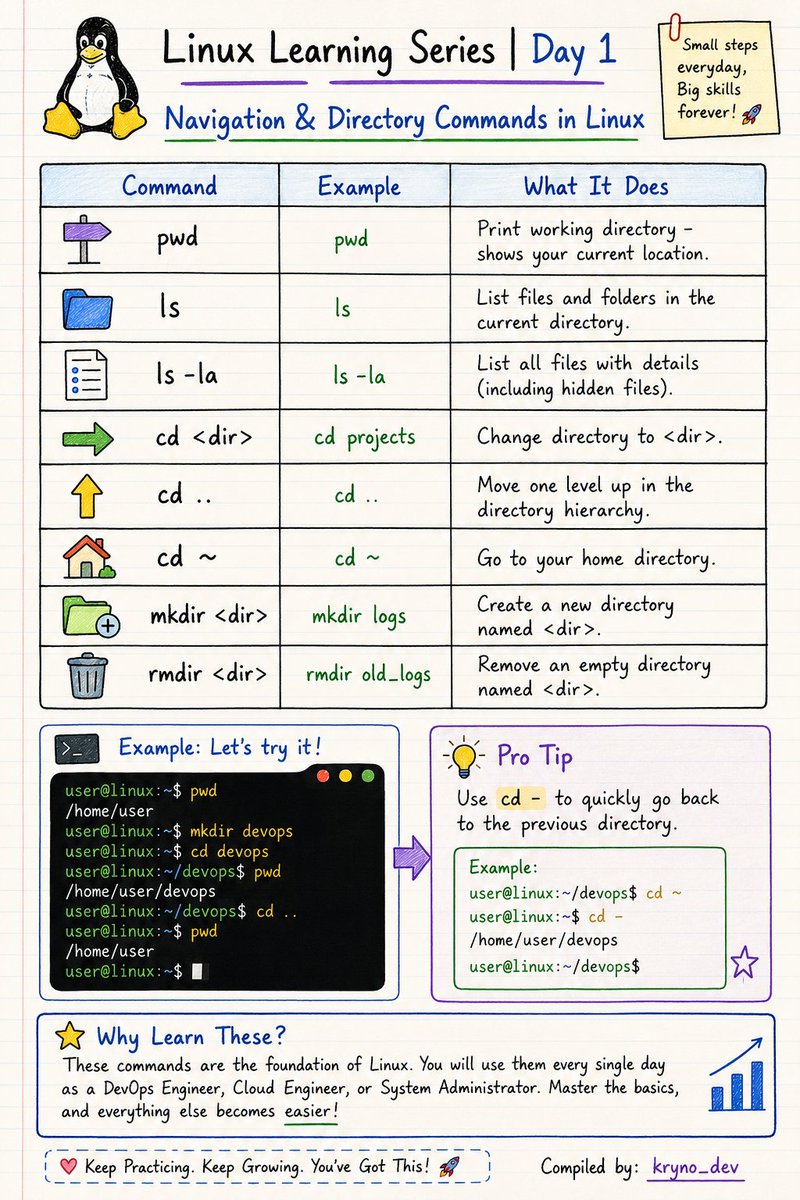 krynoxdev's tweet photo. Linux basics every beginner should know.

Navigation &amp; Directory Commands:
pwd → check your location
ls → view files/folders
cd → move between directories
mkdir → create folders
rmdir → remove empty folders
Small commands, but the foundation of  Linux
#Linux #DevOps https://t.co/2W0LE8JQ1a