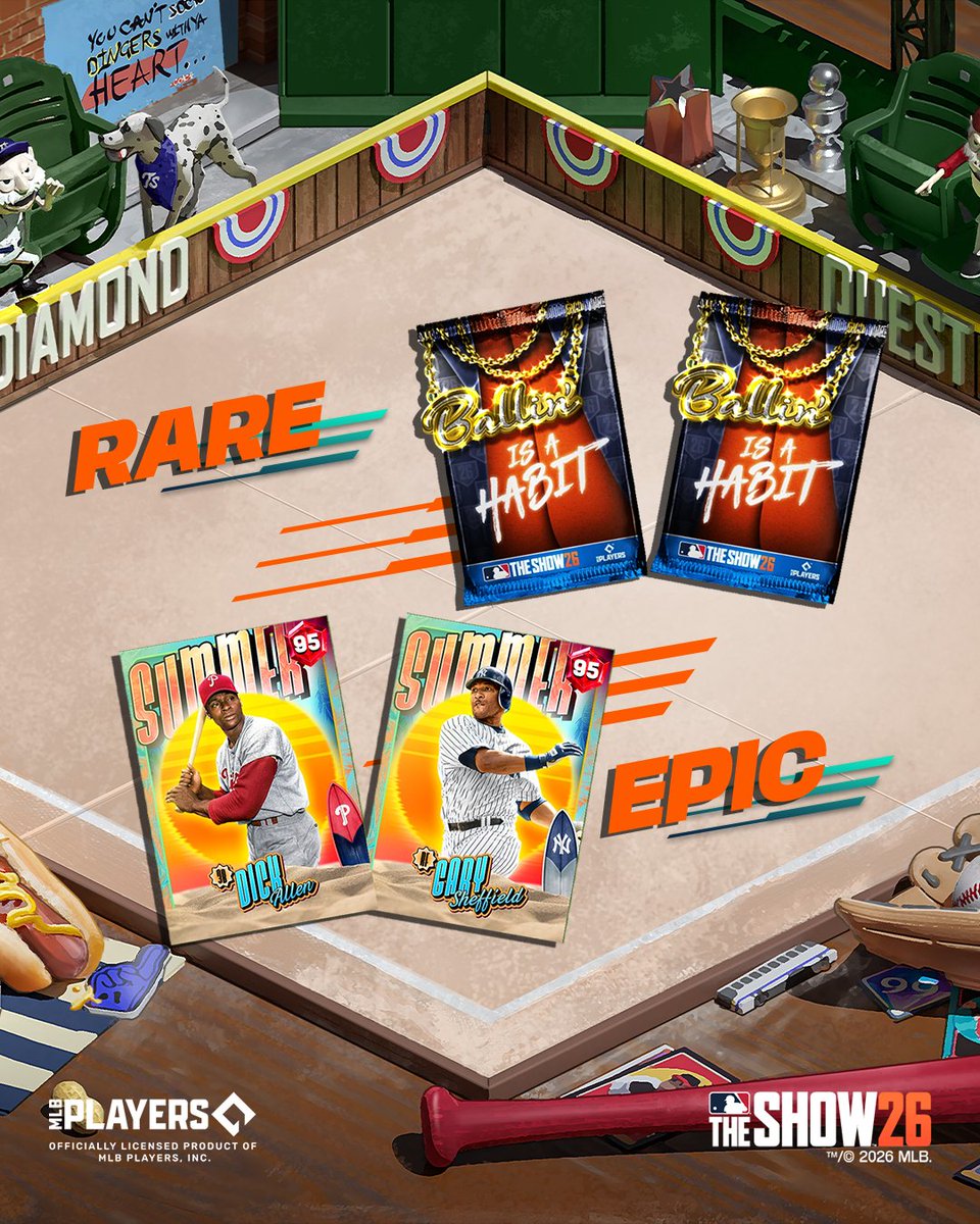 MLBTheShow's tweet photo. 😎 Summer Series Dick Allen
☀️ Summer Series Gary Sheffield

This THURSDAY at noon PT, play through the Summer Diamond Quest, complete the challenges, and increase your chances of earning these Legends in MLB The Show 26! https://t.co/dbJlxQZYcP