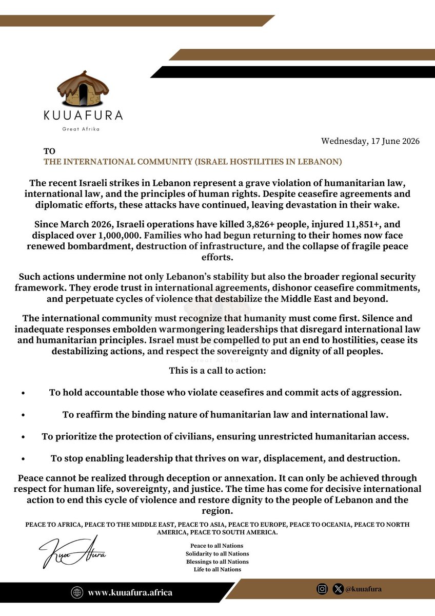 Kuuafura's tweet photo. To The International Community | Israel hostilities in Lebanon. https://t.co/Y0naCDFHBi