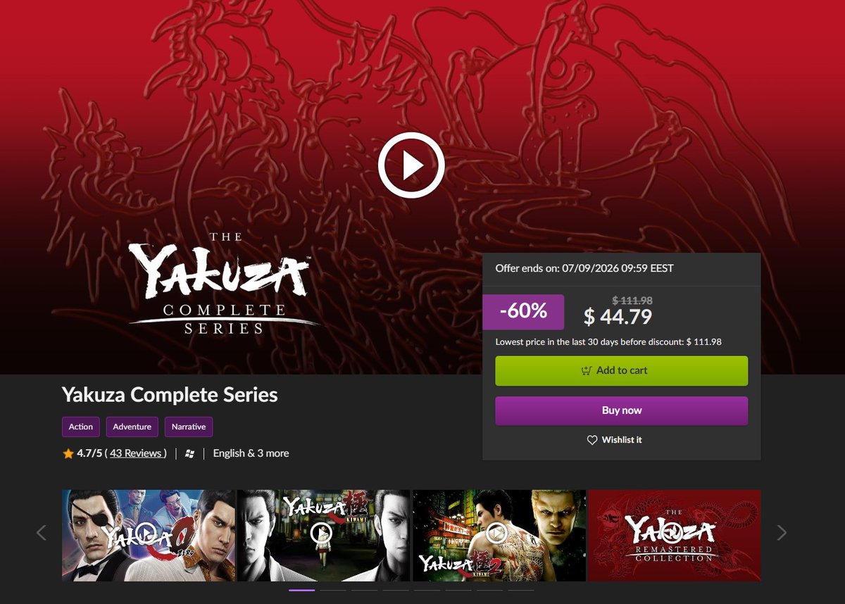 Wario64's tweet photo. Yakuza Complete Series is $44.79 on GOG https://t.co/2Pbk00VfqF #ad 

Includes original Yakuza 0 and Remastered 3 (games also on sale individually)

-Yakzua 0
-Kiwami 1 / 2
-Remastered 3 / 4 / 5
-Yakuza 6 https://t.co/brKCLPeqeC