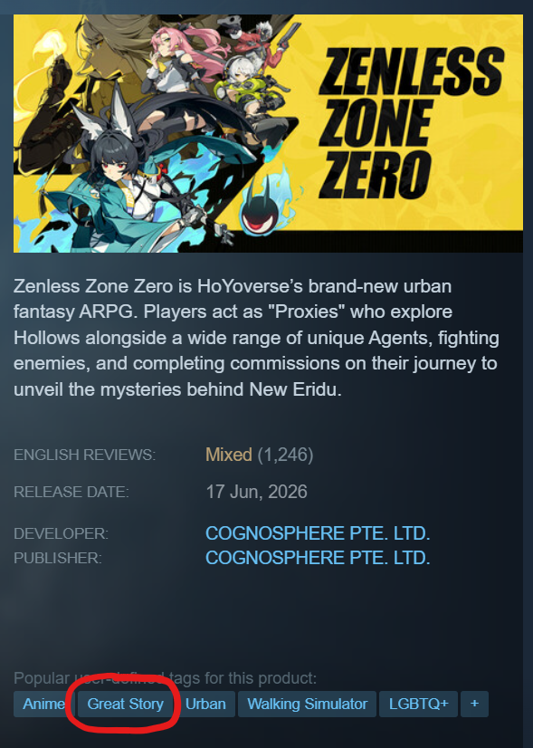 gacha_tourist's tweet photo. Wanted to check out ZZZ's Steam release and like... Isn't a bit arrogant of the devs to tag their own game with 'Great Story'? 😭 https://t.co/Qmc2bnz3SP