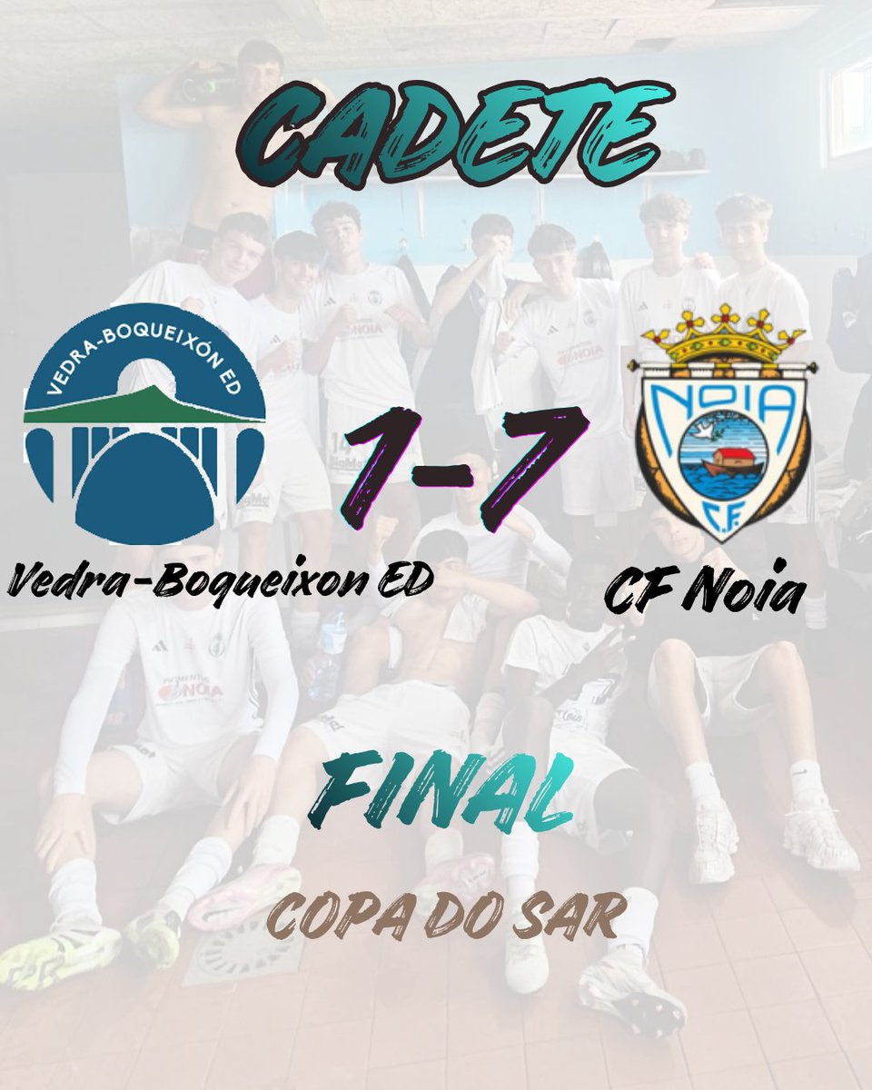 CFNOIA's tweet photo. 🏆 SOMOS CAMPEÓNS!!!! 🏆

Vedra-Boqueixón ED 1 - CF NOIA Cadete 7

Os nosos cadetes proclamáronse campións da Copa do Sar despois dun recital no Campo Municipal Extramundi, en Padrón. https://t.co/PqJBAcAOxM