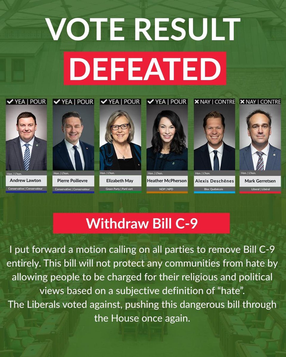 AndrewLawton's tweet photo. The Liberals and Bloc Québécois voted down my motion to withdraw the divisive and toxic Bill C-9 to stand up for freedom of expression and freedom of religion. 

I’m grateful for the support from my Green and NDP colleagues. The opposition to this bill has come from the political left and right, from civil liberties groups and a range of faith organizations.

With the adoption of the Senate’s amendment criminalizing the noose as a hate symbol, Bill C-9 will soon receive royal assent and become law.