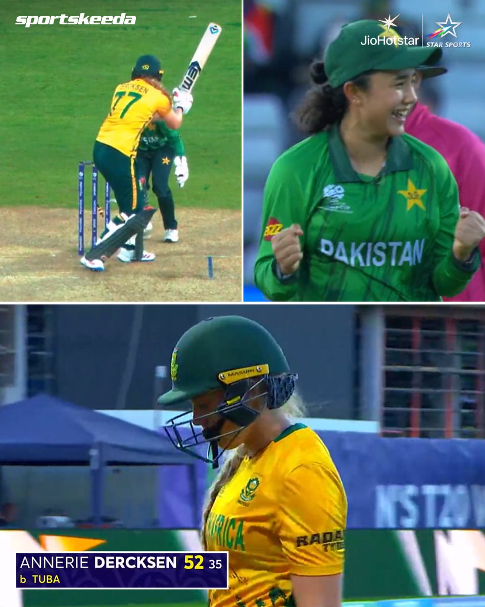 Sportskeeda's tweet photo. TUBA HASSAN STRIKES AGAIN! 🚨🔥

Tuba Hassan cleans up Annerie Dercksen! ✖️

Bowled! Pakistan keep chipping away at the wickets as Tuba picks up another crucial breakthrough. 🎯

SAW - 76/4 (10.2)

#PAKvSA #Sportskeeda https://t.co/YAcbEIn8mR
