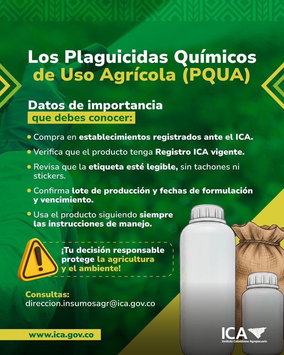 ICACOLOMBIA's tweet photo. Atención productores y productoras agrícolas, #PrevenciónEsSanidad, el uso correcto de los Plaguicidas Químicos de Uso Agrícola (PQUA) protege la salud, el medio ambiente y la #SeguridadAlimentaria. @SAColombia @Asohofrucol @ANDI_Colombia @Citricaldas. https://t.co/Rp0KgU1qrC