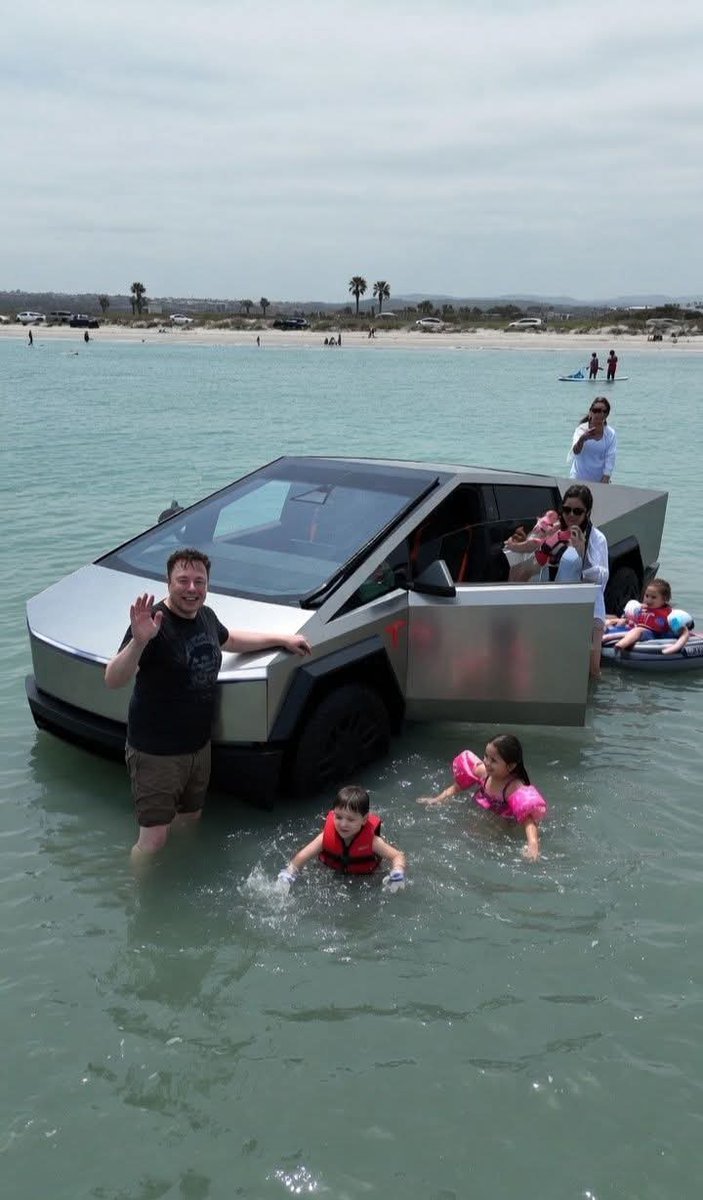 teslacarsonly's tweet photo. Elon Musk and his family enjoys in water with Cybertruck. https://t.co/ZhKPGDNcVw