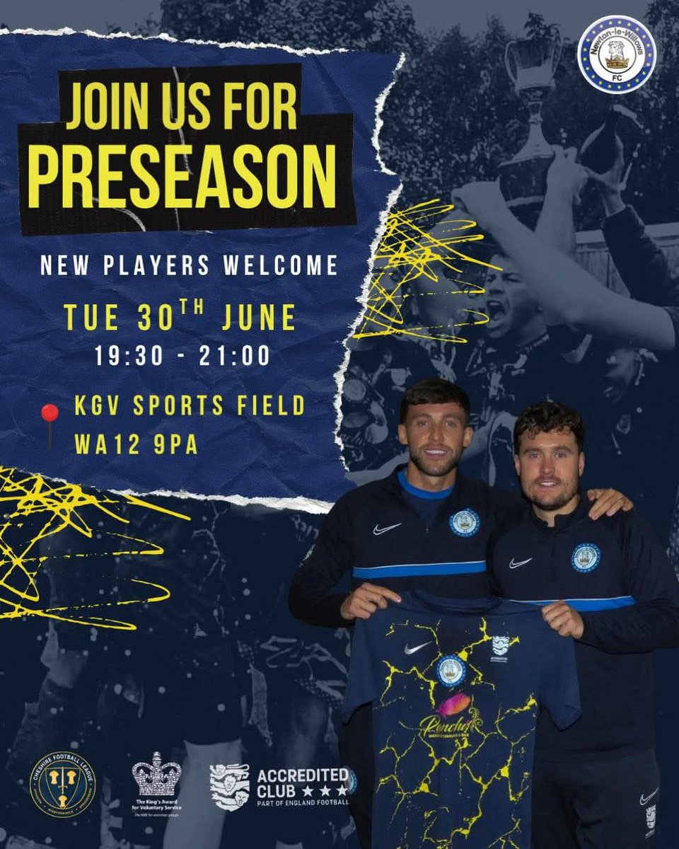 NLWFC's tweet photo. New League. New Era.🔵🟡

After winning Cheshire League 2 and promotion to League 1, our Firsts return to training under new Managers Ben &amp; Anthony.

Pre-season starts Tue 30 June, 19:30–21:00 at KGV, WA12 9PA.

New players welcome.

#ForzaNewton #NLWFC https://t.co/pL6Jma27OA