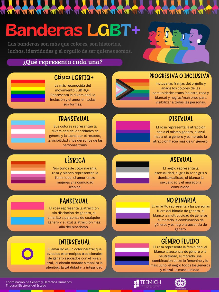 TEEMCoorGenero's tweet photo. Más allá del arcoíris: ¿conoces las diferentes banderas de la comunidad LGBT+?

La diversidad no se resume en un solo diseño. Cada bandera representa identidades, orientaciones y experiencias que enriquecen nuestra sociedad. ¡Conoce su significado! https://t.co/LOsIZKvduR