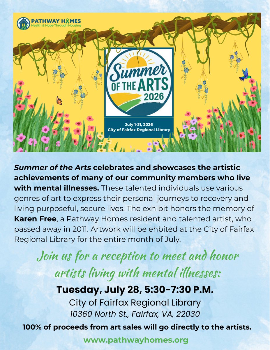 PathwayHomes's tweet photo. The 13th Annual Summer of the Arts opens in 2 weeks! See Pathway Homes residents' art all July at the City of Fairfax Library. Join us July 28, 5:30-7:30 PM to meet the artists. https://t.co/peAHYcaPm2 #SummerOfTheArts #PathwayHomes #HealingThroughArt #DisabilityPrideMonth https://t.co/1Ez9nZYkRk