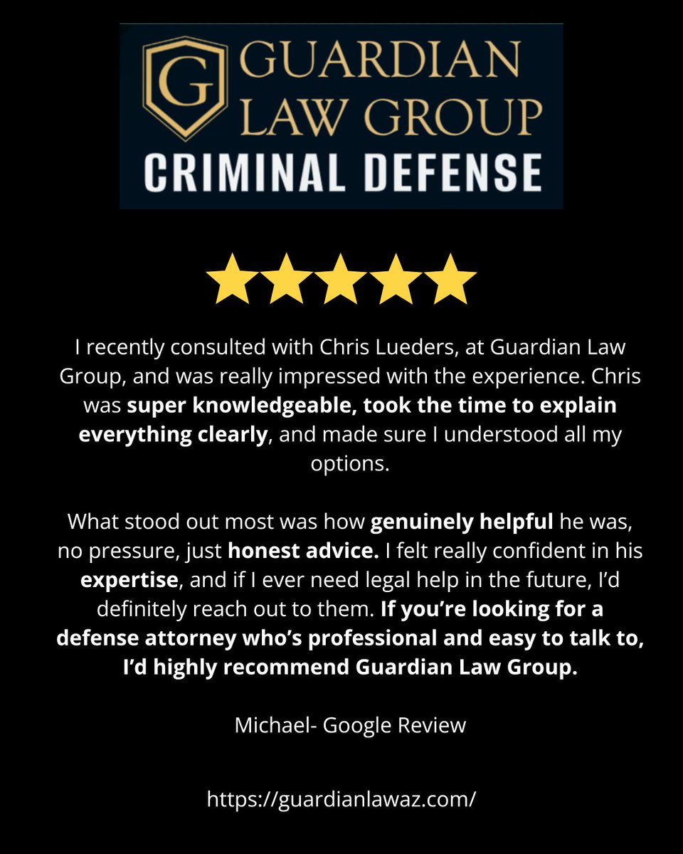 GuardianLawAZ's tweet photo. ⭐️⭐️⭐️⭐️⭐️

"Super knowledgeable, honest advice, and easy to talk to."

Former prosecutor. Trial-ready defense.

https://t.co/iQlOUGxzux

#CriminalDefense #ArizonaAttorney https://t.co/AfEp0rA4jl