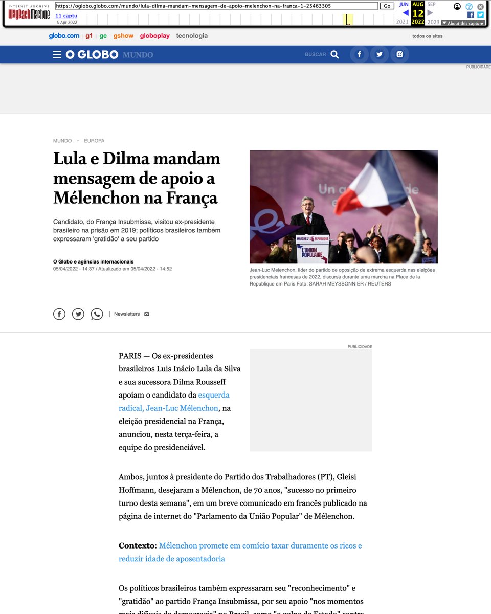 MafinhaBarba's tweet photo. Matéria 21 - 2022 - França / Jean-Luc Mélenchon, 1º turno (0 Globo) [A1] Link (print): https://t.co/F9SC93fbmP 

Outras fontes: Folha - https://t.co/5Loc06ioKo 

| Expresso - https://t.co/mEudj6KRmH

Como Lula interferiu (2022): Lula, Dilma e o PT enviaram mensagem de apoio a Mélenchon no 1º turno presidencial francês. Apoio público (e por escrito) a candidato estrangeiro.