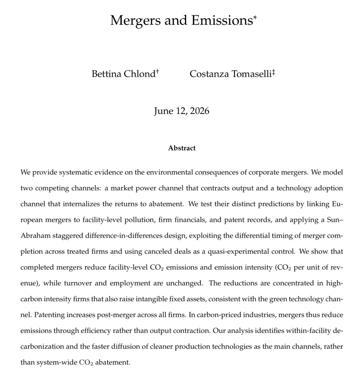 florianederer's tweet photo. Mergers reduce facility-level CO2 emissions and emissions intensity without reducing turnover or employment.

Emission reductions are driven by within-facility decarbonization and faster diffusion of cleaner production technologies in dirty industries.

https://t.co/VUkGUzCYz9 https://t.co/g5bTnVHnaV